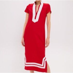 Sail to Sable Red Linen Blend Tunic Midi Dress Caftan - XL - Red/White Preppy